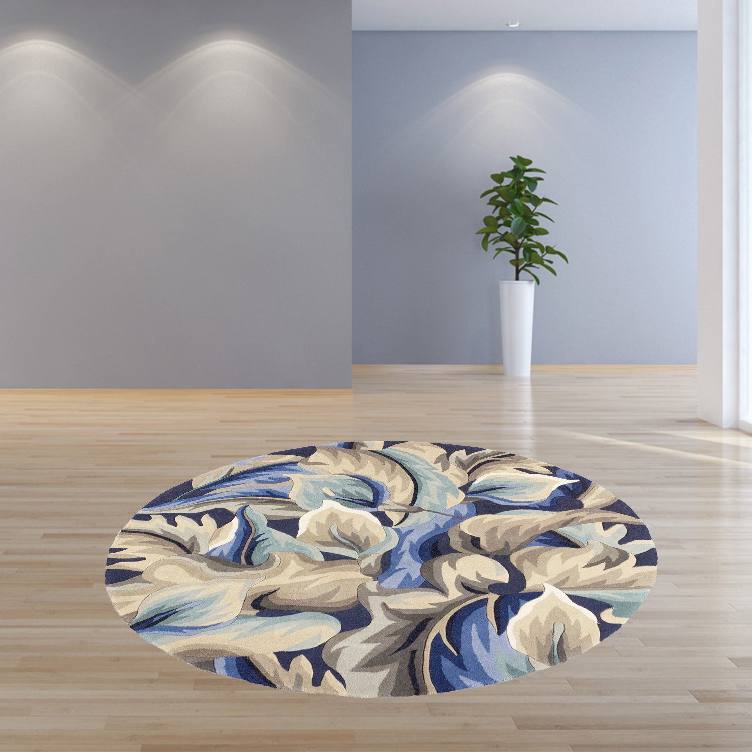 5' Round  Wool Blue Area Rug
