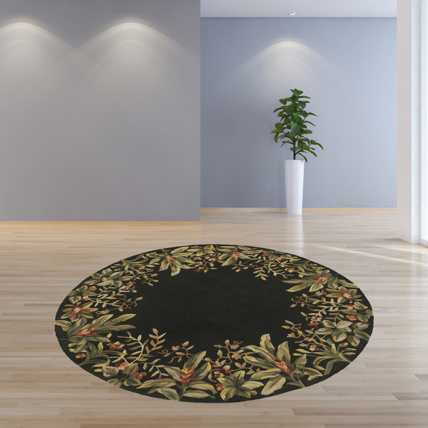 5' Round  Wool Black Area Rug