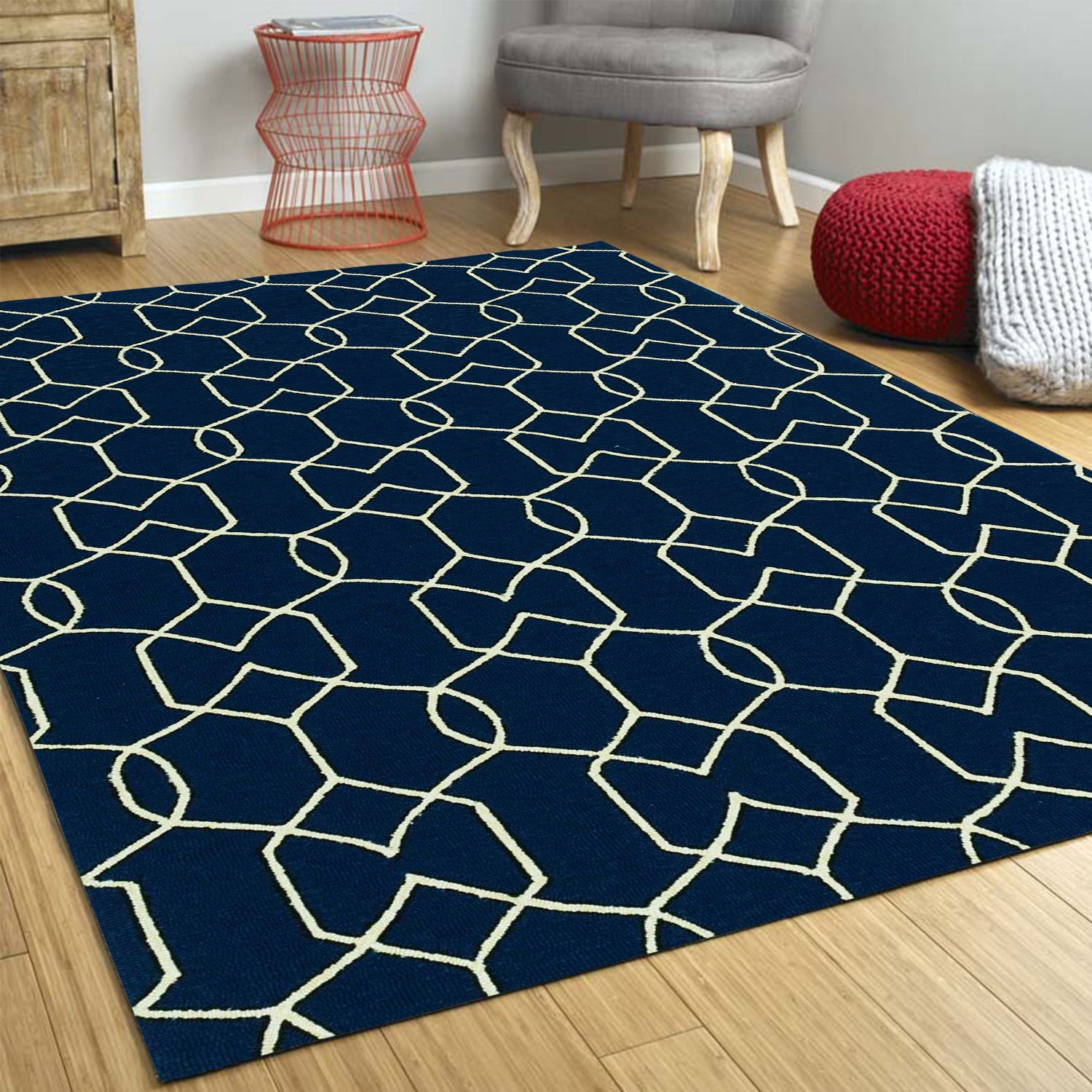 6' x 9' Geometric Design UV treated Navy and White Area Rug