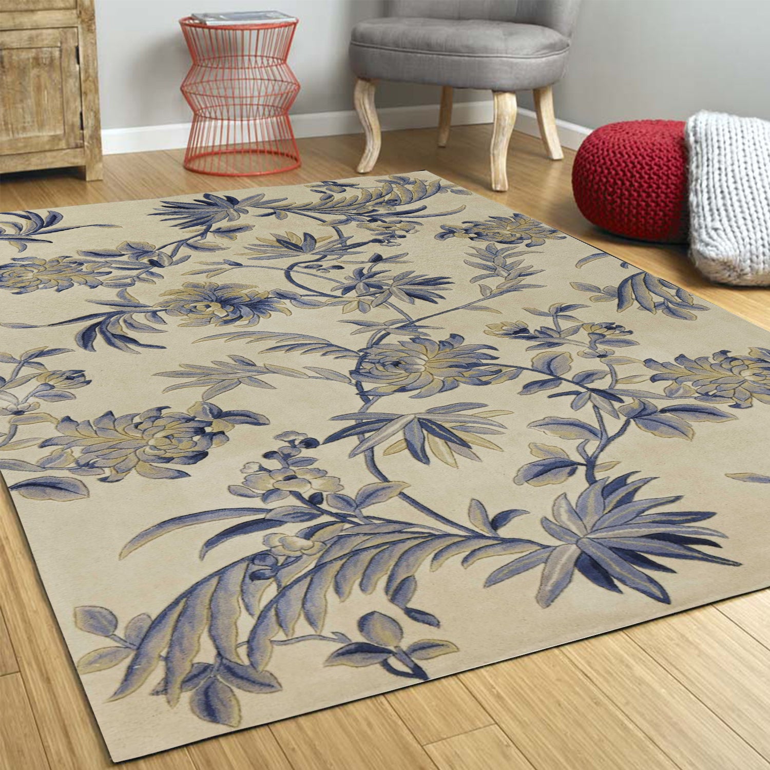 5' x 8'  Wool Ivory or Blue Area Rug