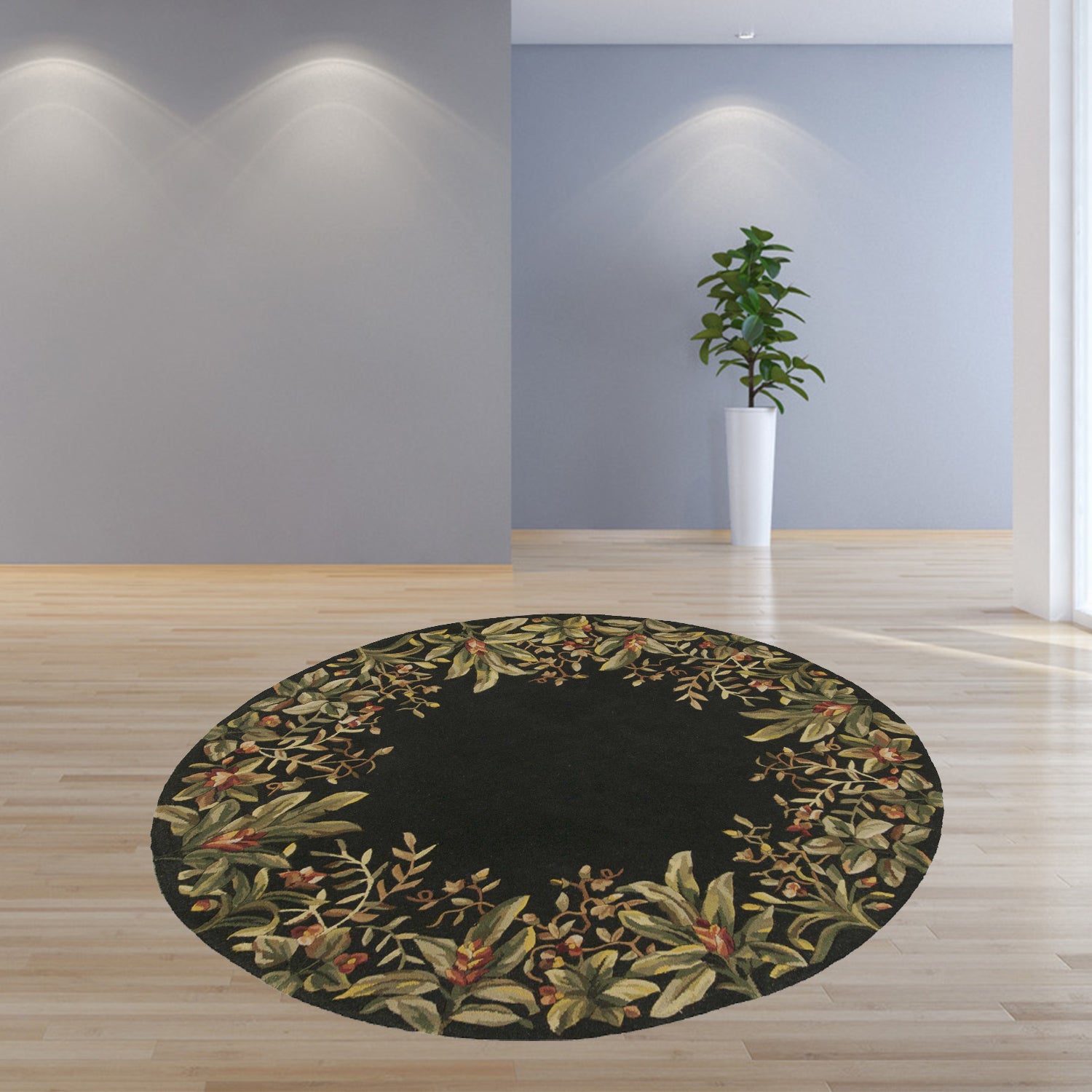 7' Round Wool Black Area Rug