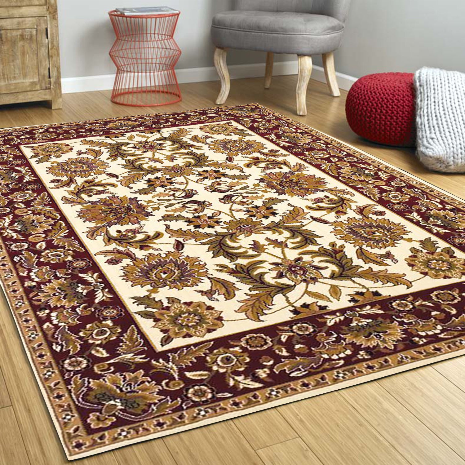 7' Square Polypropylene Ivory  and  Red Area Rug
