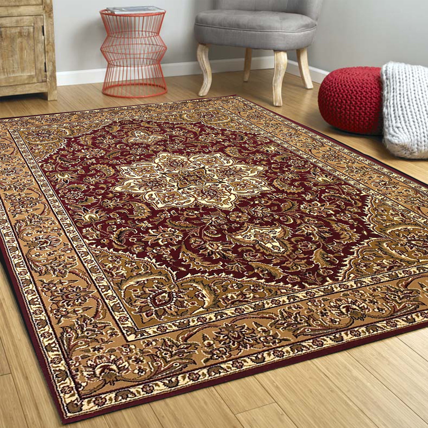7' Octagon Polypropylene Red or  Beige Area Rug