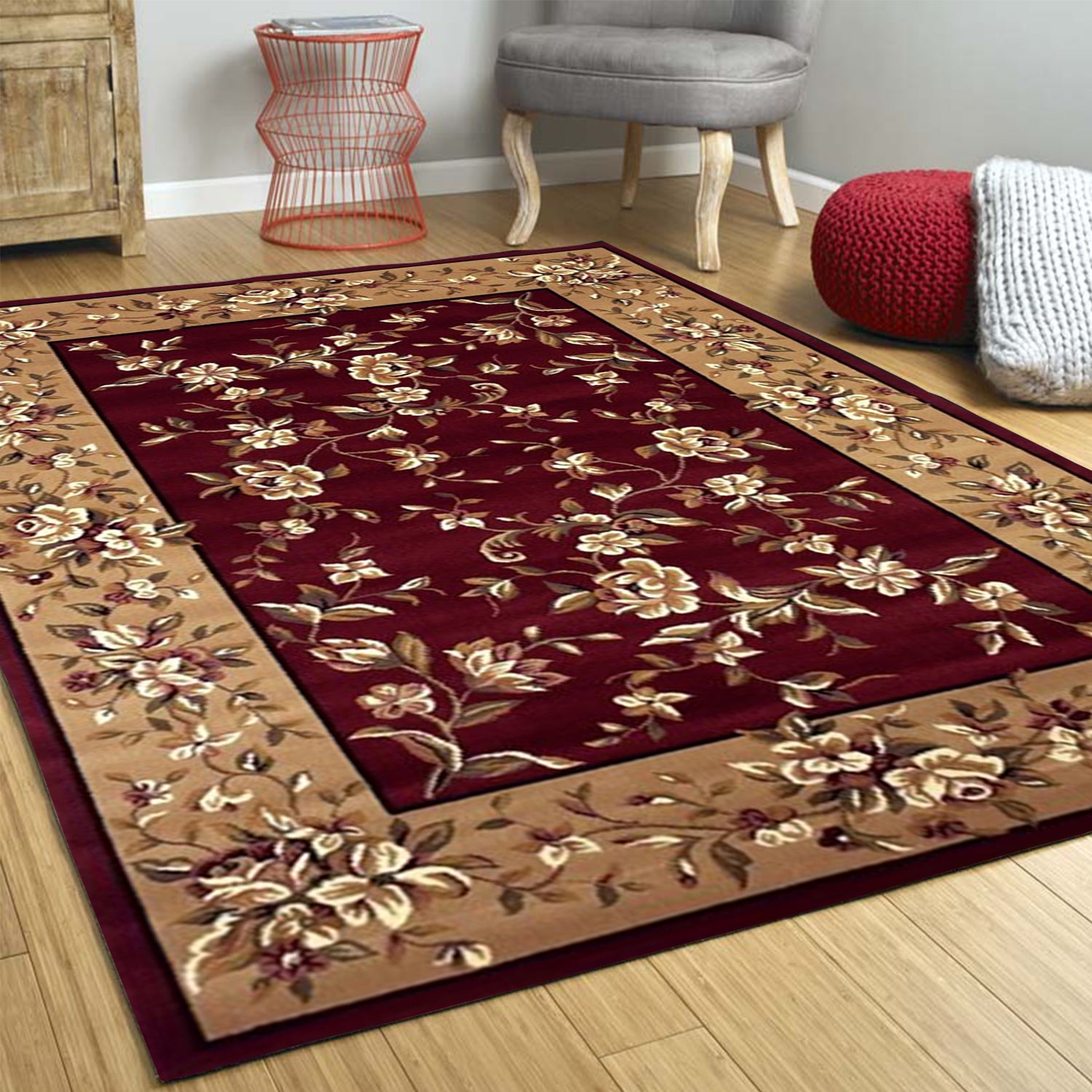 7' Octagon Polypropylene Red or  Beige Area Rug