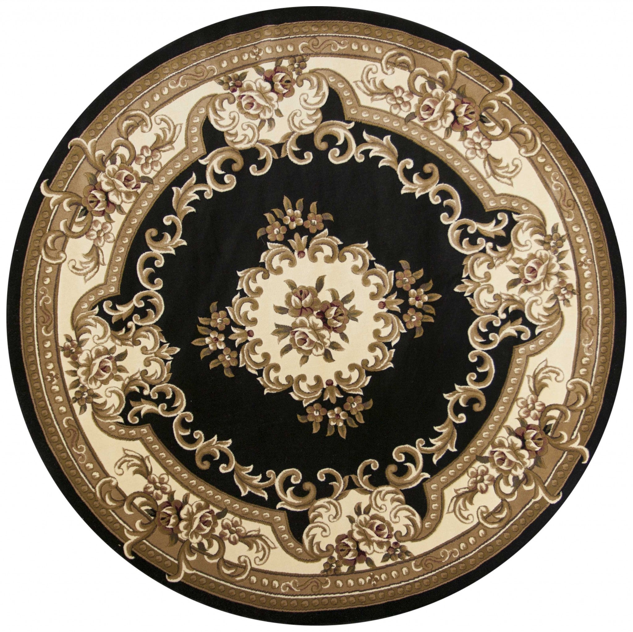7' Round Polypropylene Blackor Ivory Area Rug