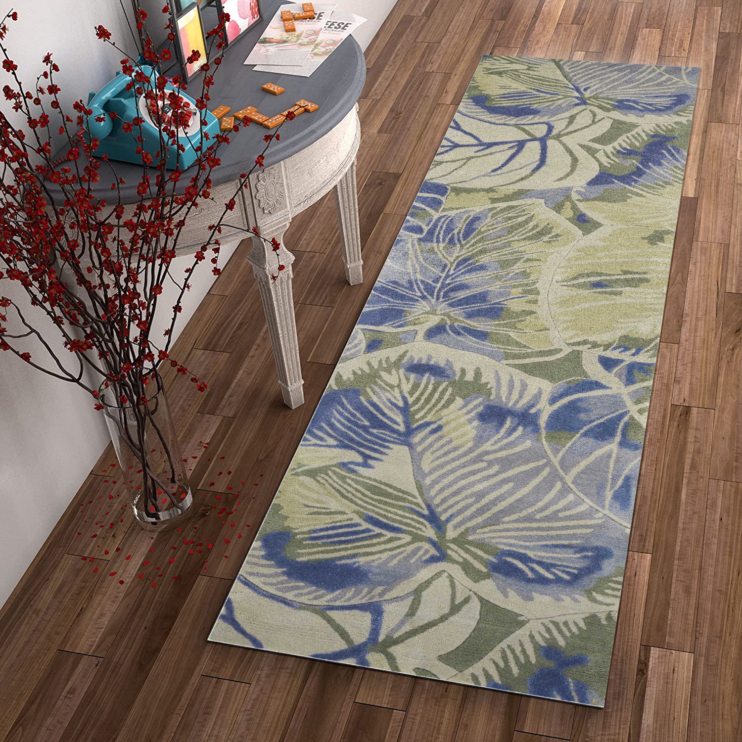 2' x 10' Runner Wool Blue or  Green Area Rug