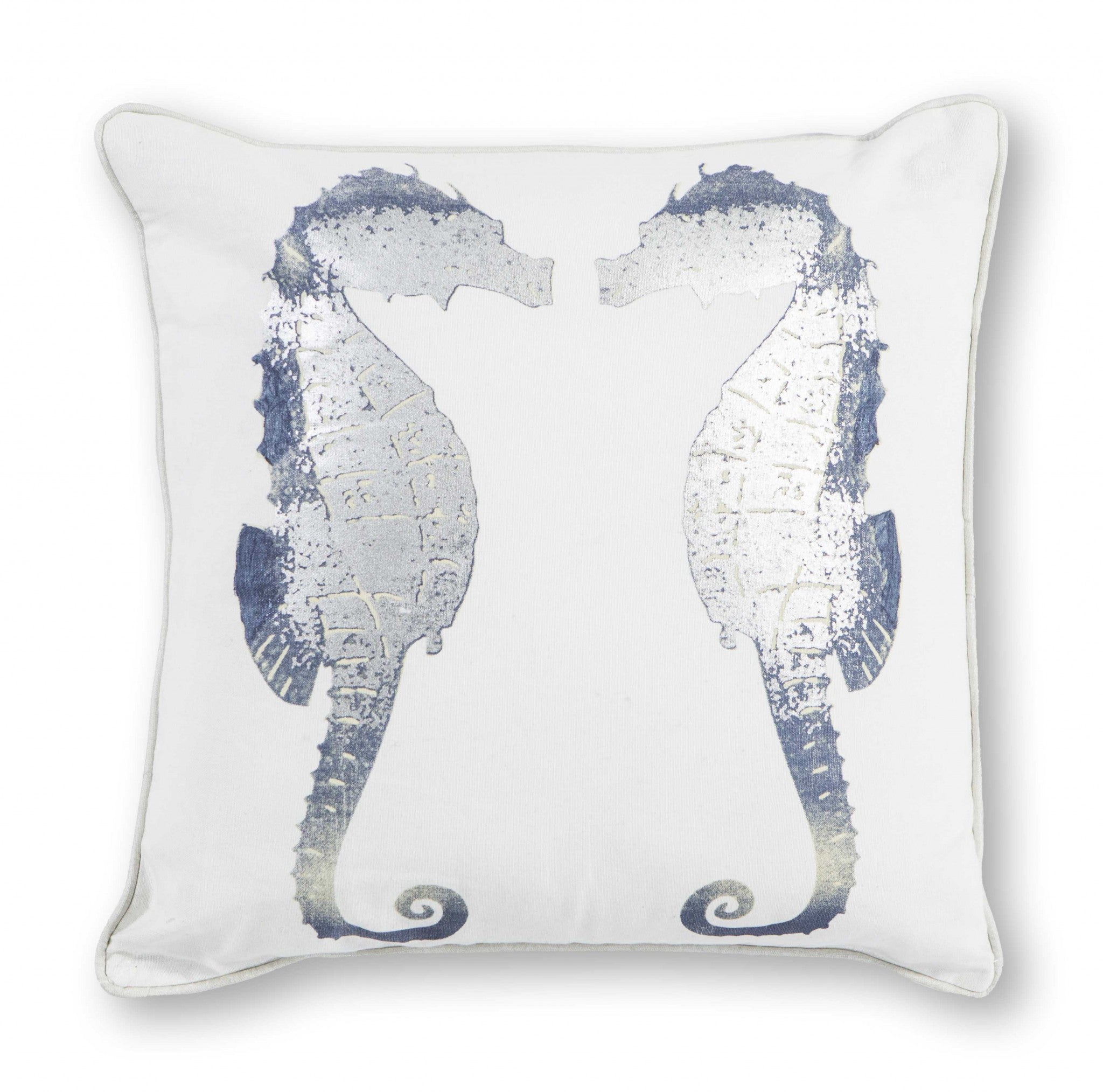 Square Tropical Seahorse White and Silver Accent Pillow