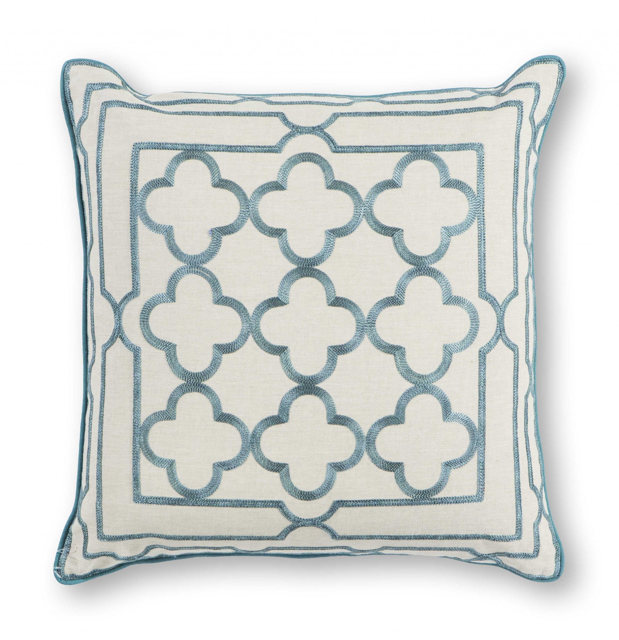 Square White and Teal Quatrefoil Accent Pillow