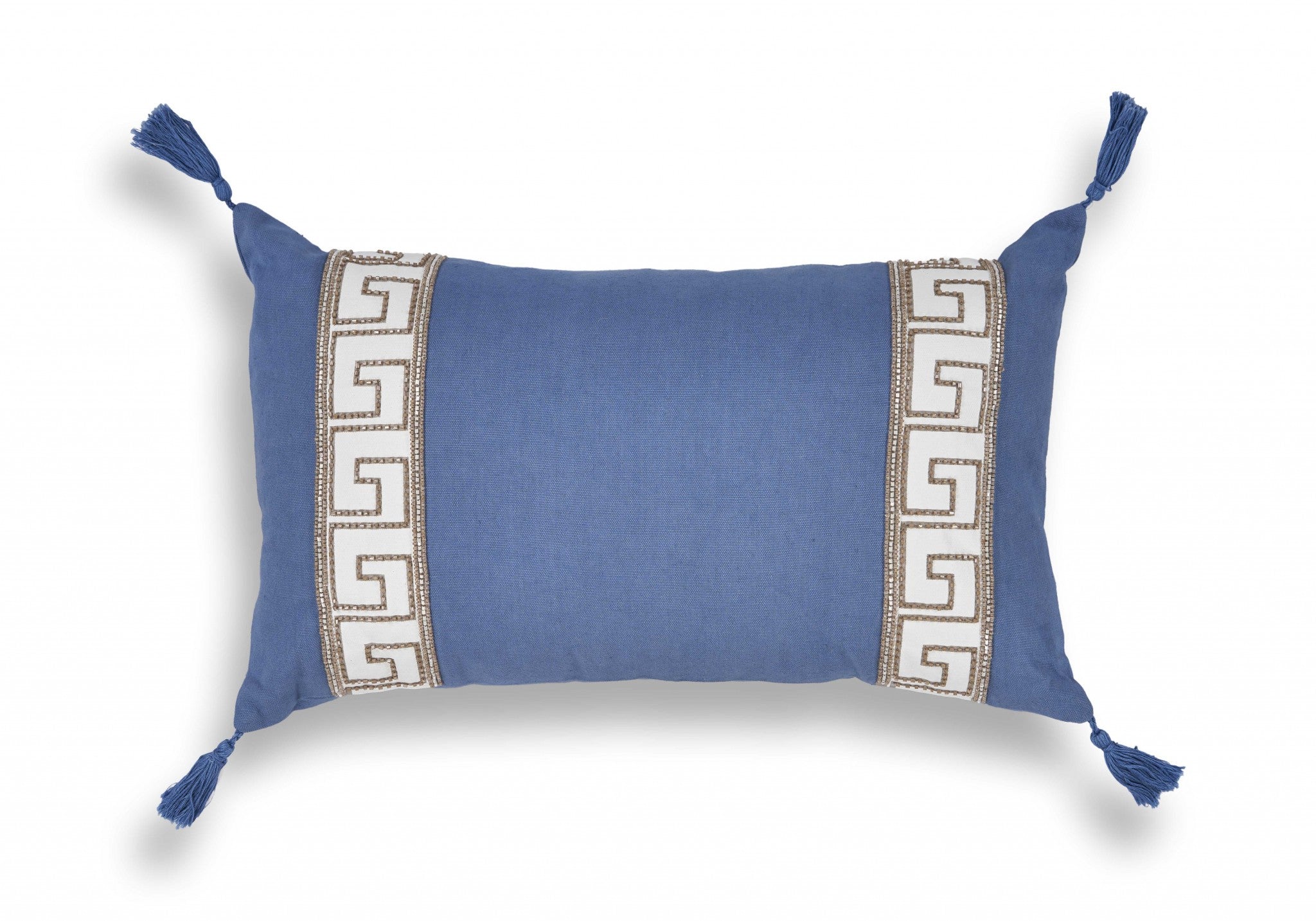 Elegant Blue and Gold Greek Key Lumbar Accent Pillow