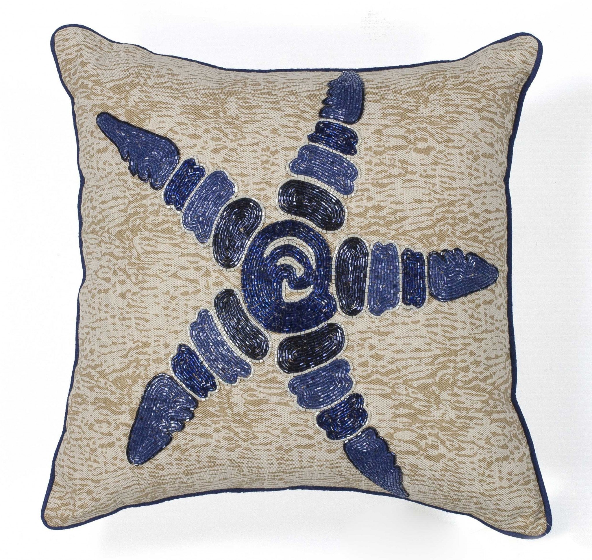 Square Beaded Ivory and Blue Beaded Starfish Accent Pillow