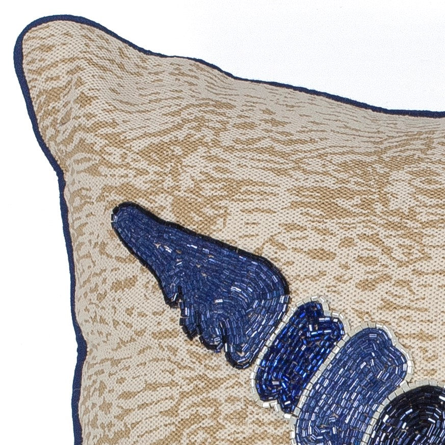 Square Beaded Ivory and Blue Beaded Starfish Accent Pillow