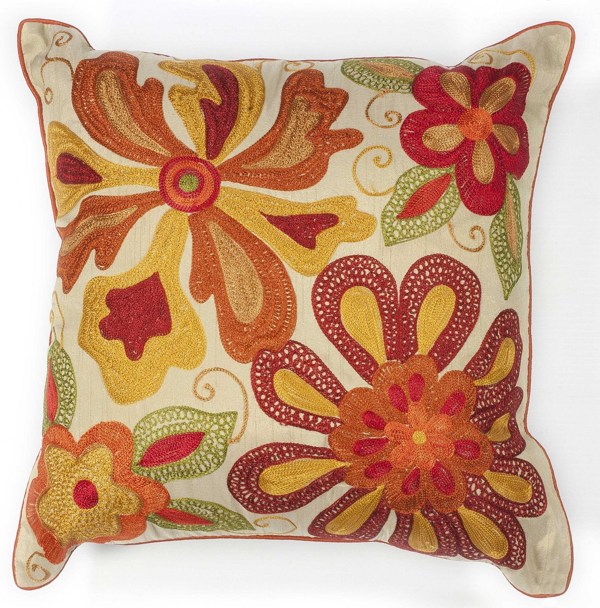 Square Beaded Red and Orange Floral Accent Pillow