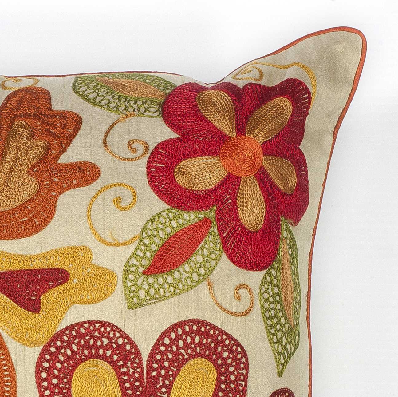 Square Beaded Red and Orange Floral Accent Pillow