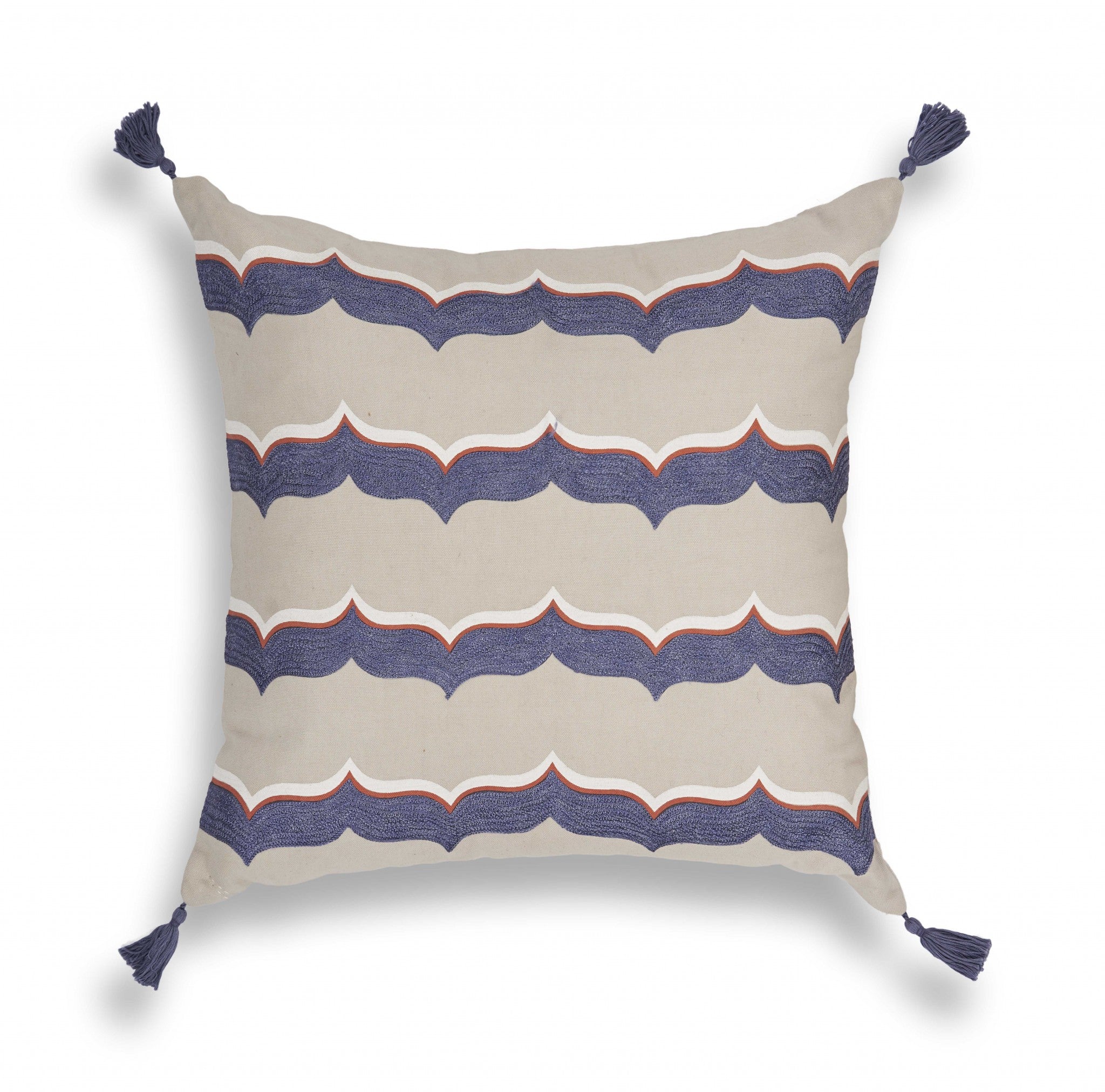 Exotic Square Taupe and Blue Tassel Accent Pillow