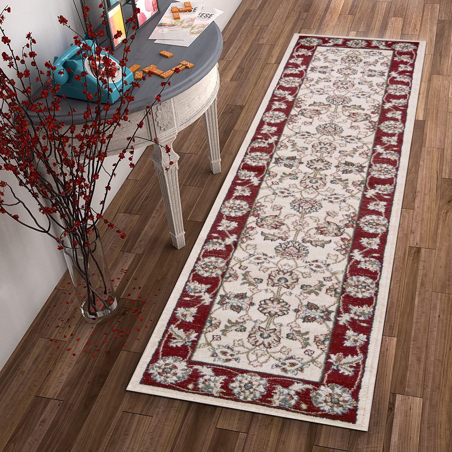 2' x 7' Runner Polypropylene Ivory or Red Area Rug