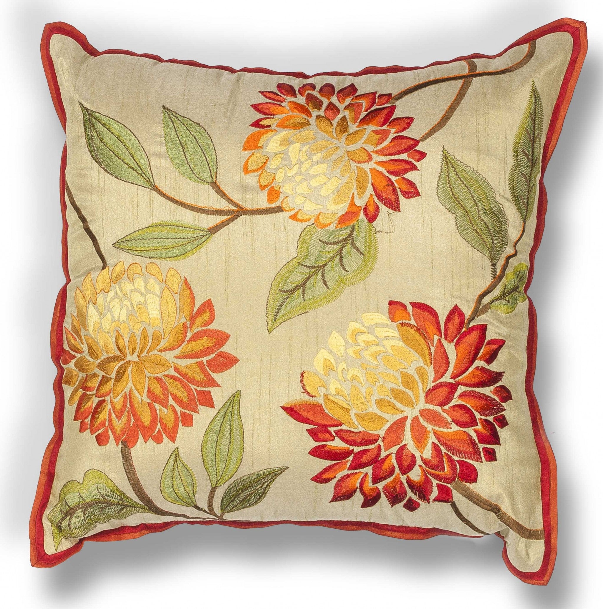 Square Embroidered Chrysanthemum Red and Orange Accent Pillow