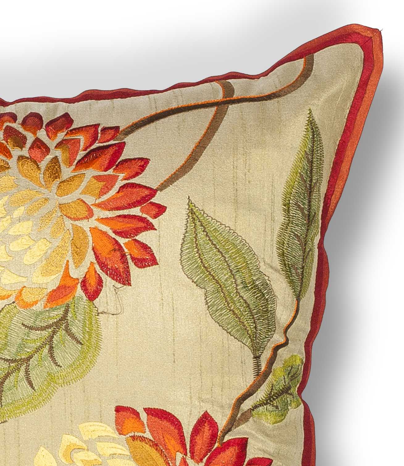 Square Embroidered Chrysanthemum Red and Orange Accent Pillow