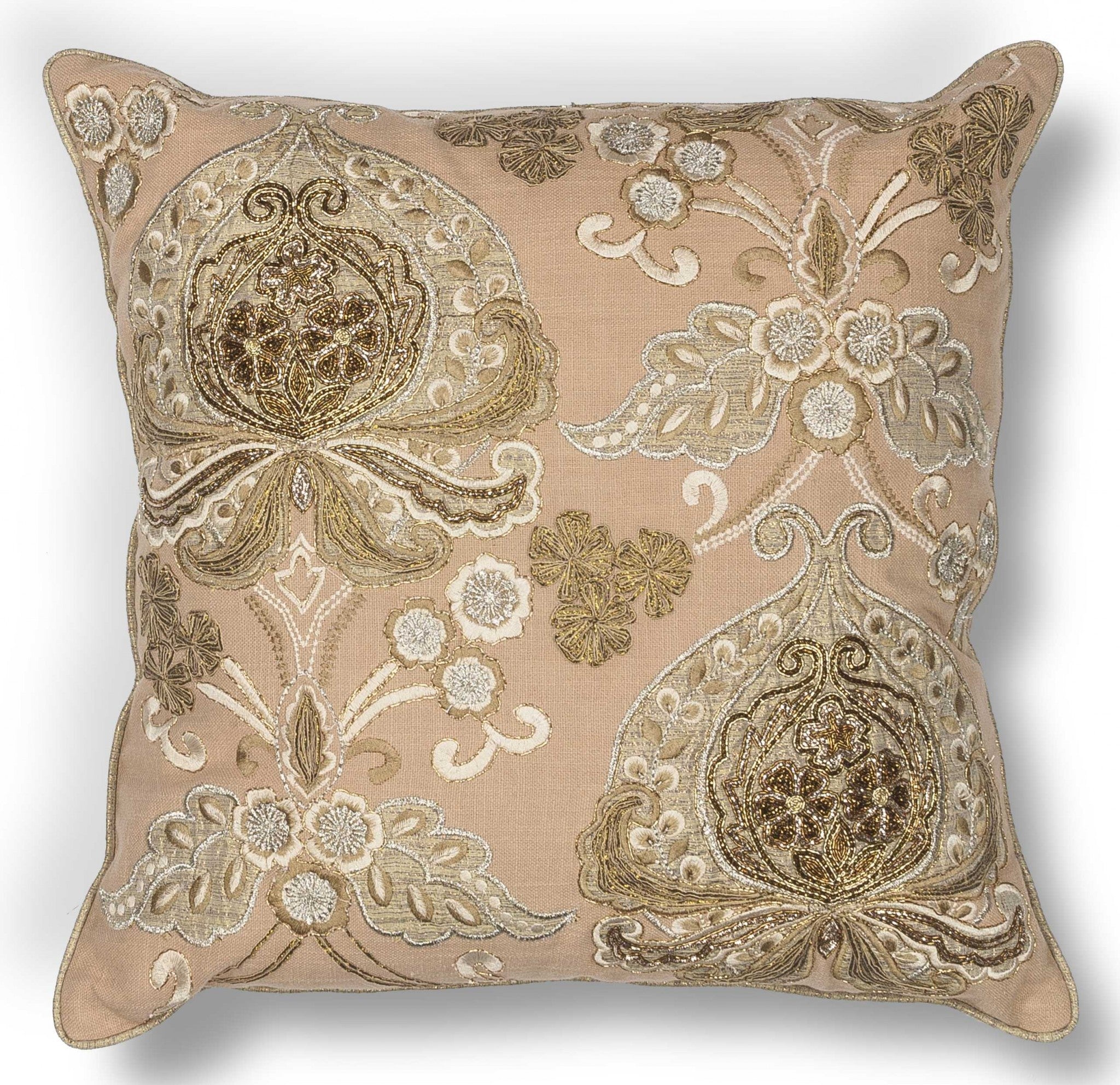 Elegant Square Blush Gold Embroidered Accent Pillow
