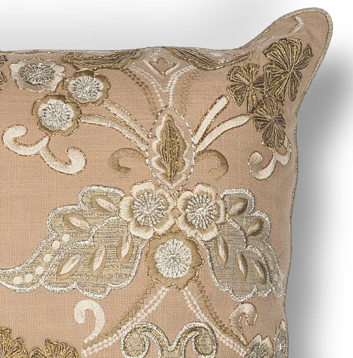Elegant Square Blush Gold Embroidered Accent Pillow