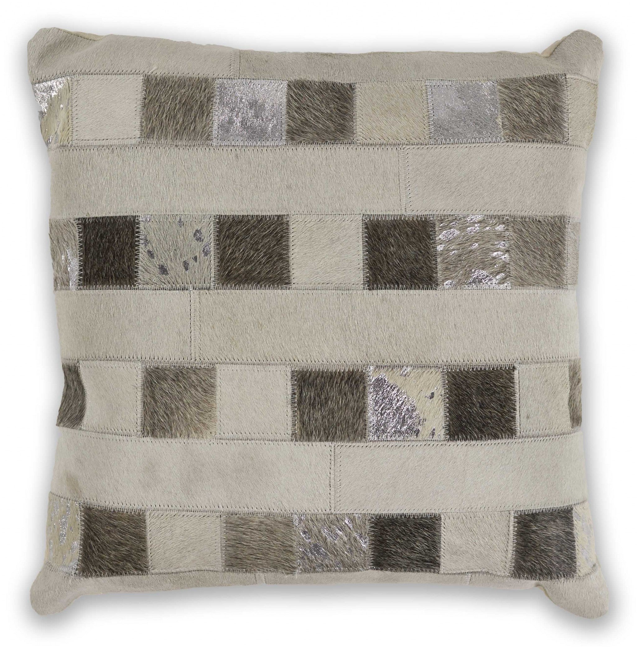 Square Ivory and Metallic Leather Patchwork Accent Pillow