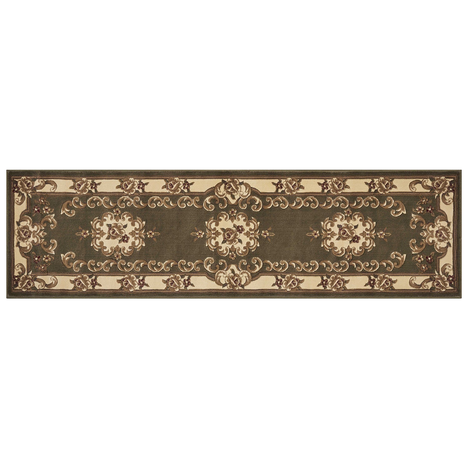2' x 7' Runner Polypropylene Greenor Ivory Area Rug