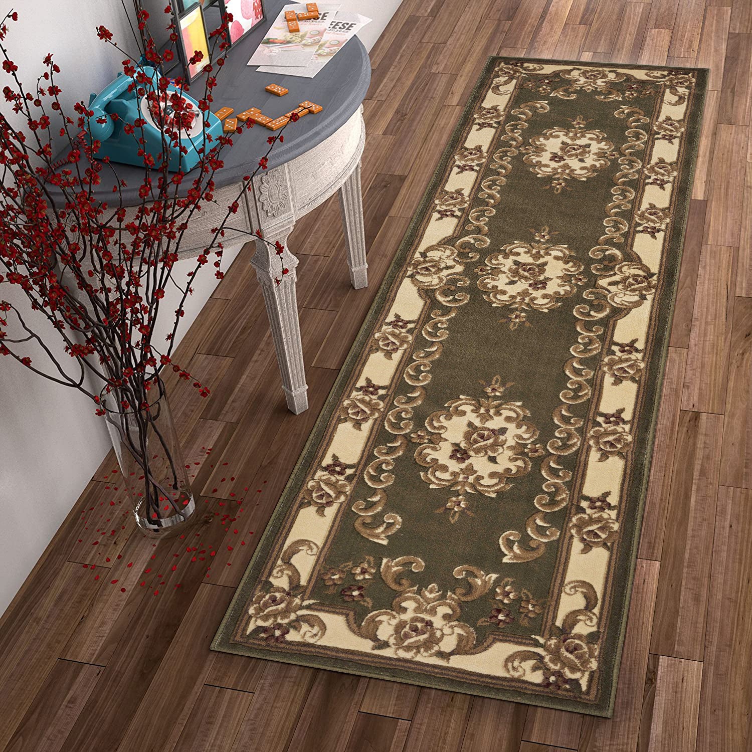 2' x 7' Runner Polypropylene Greenor Ivory Area Rug