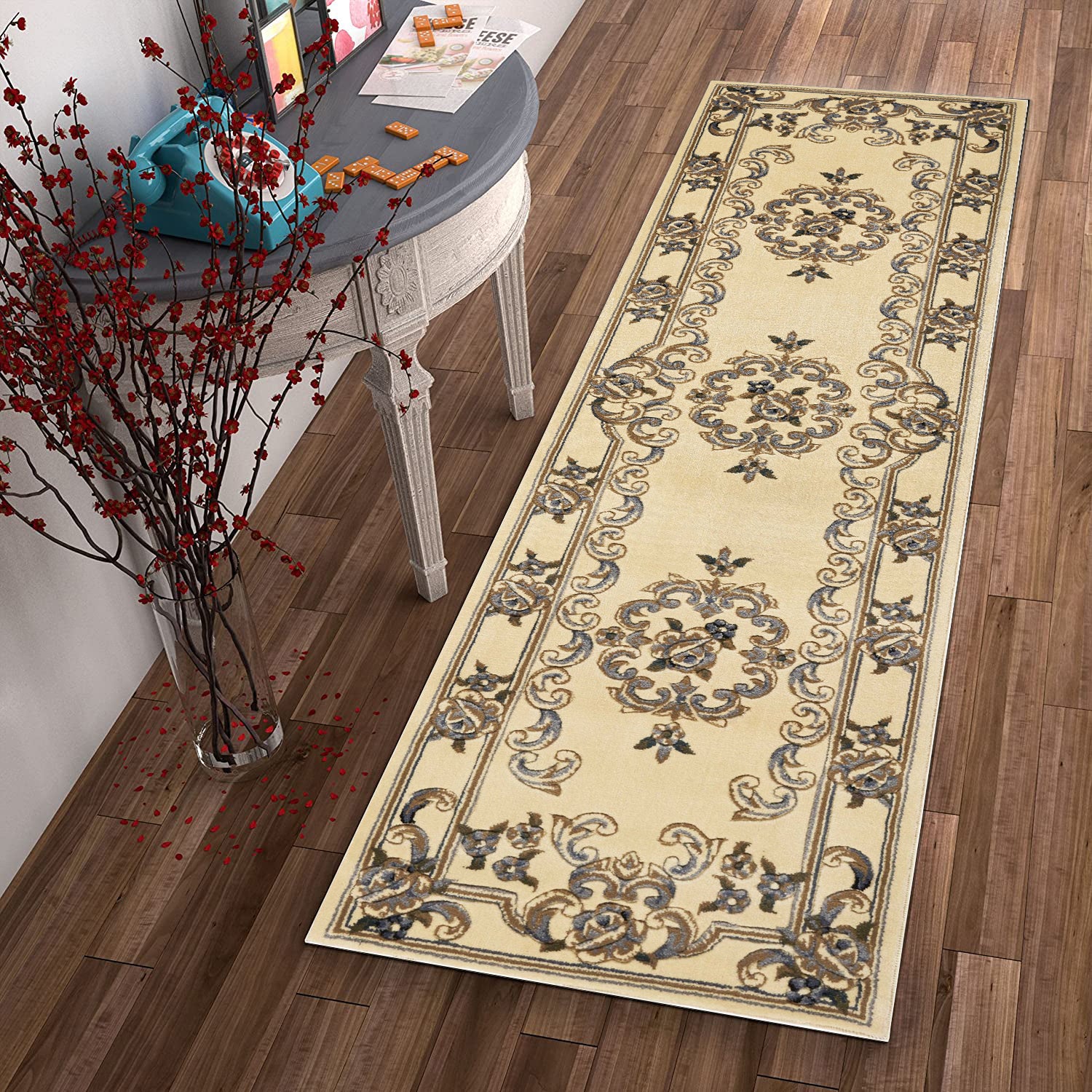 2' x 7' Runner Polypropylene Ivoryor Blue Area Rug