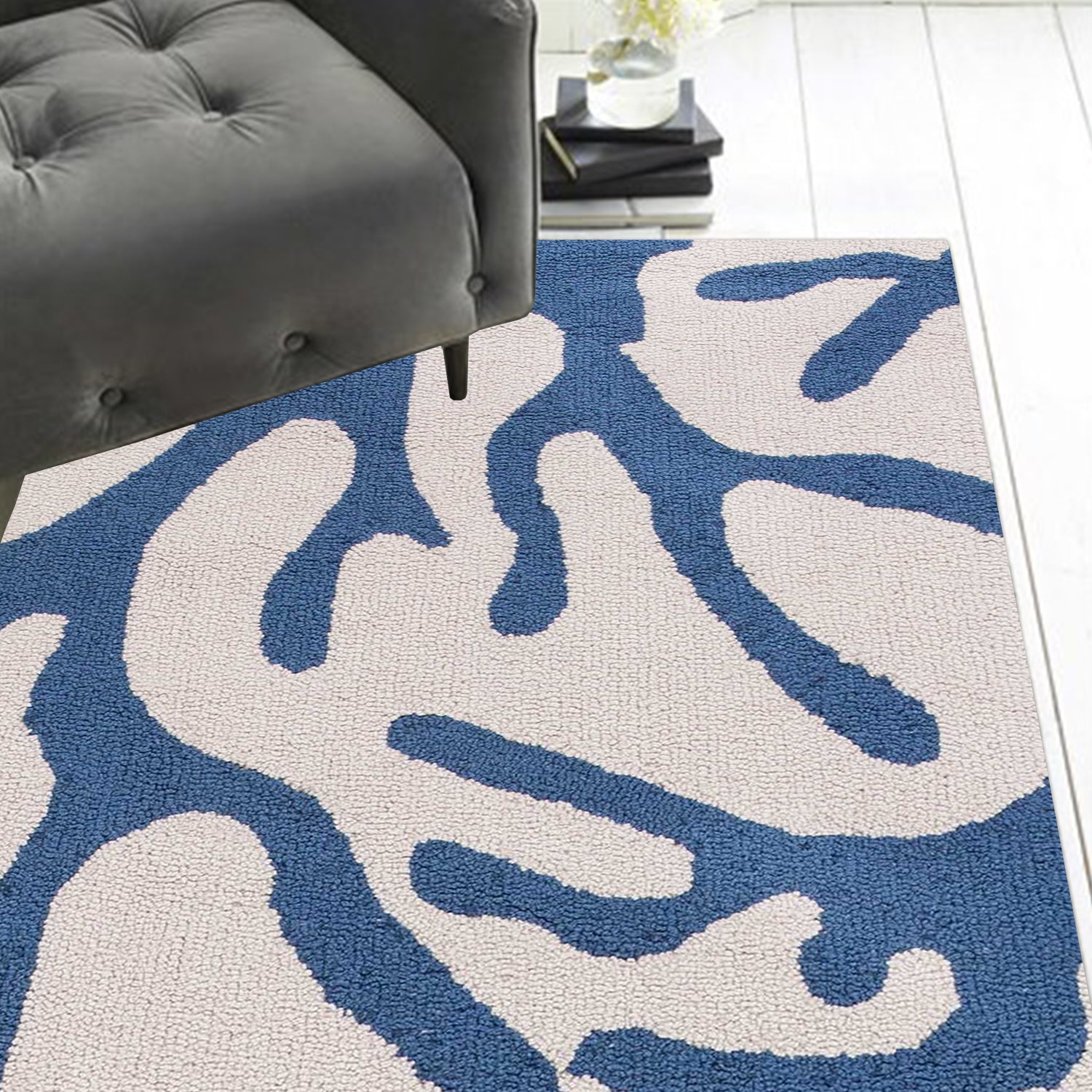 2' x 7' Runner Polyester Ivory or Blue Area Rug