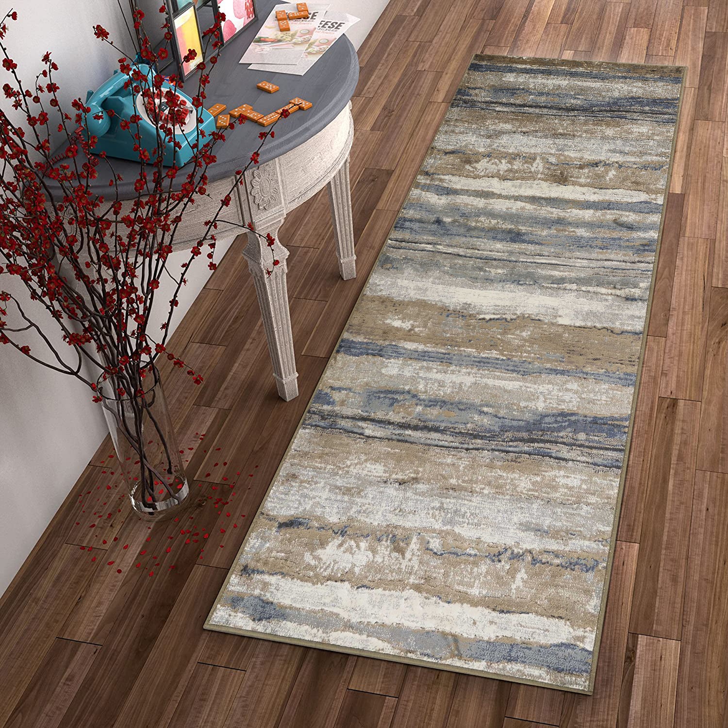 2' x 7' Runner Viscose Ivory or Blue Area Rug