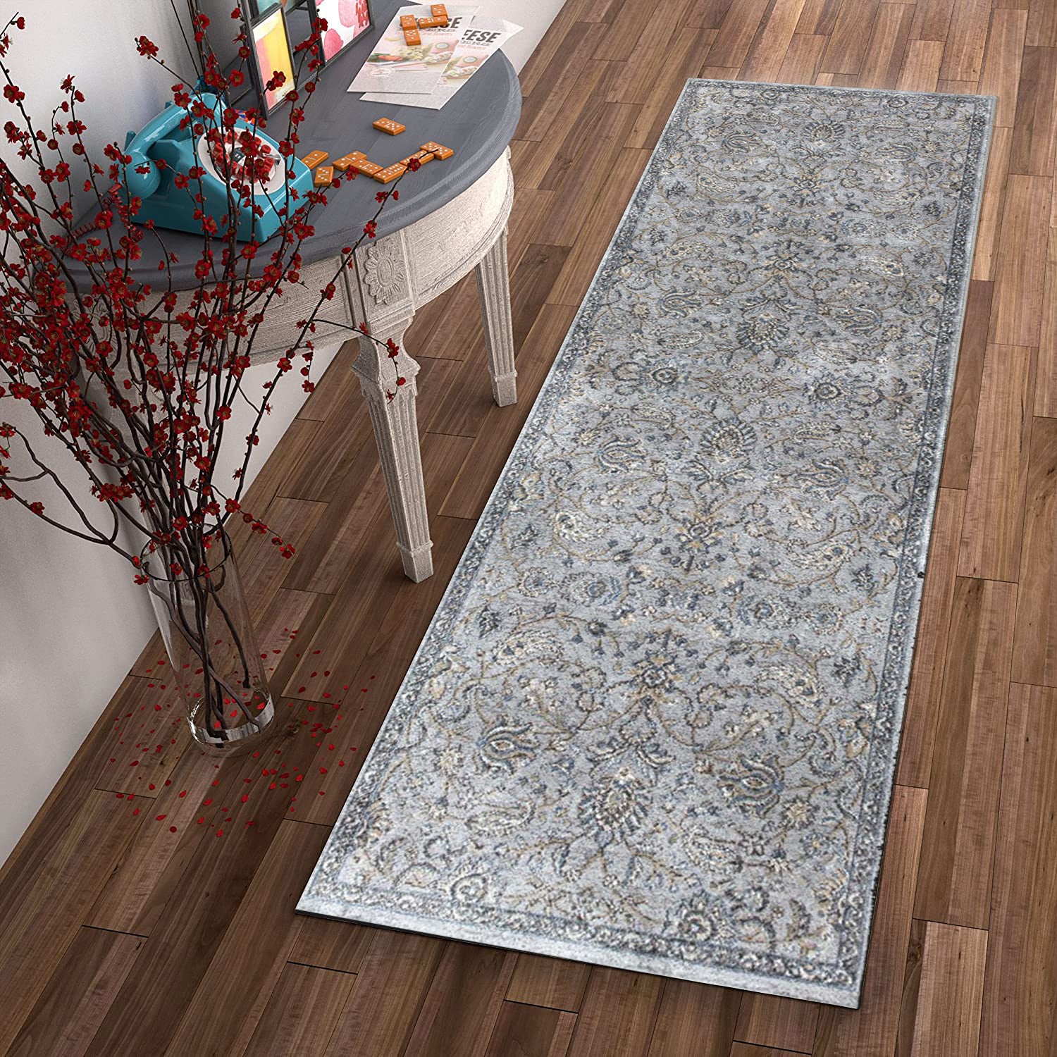 2' x 7' Runner Viscose Silver or Blue Area Rug