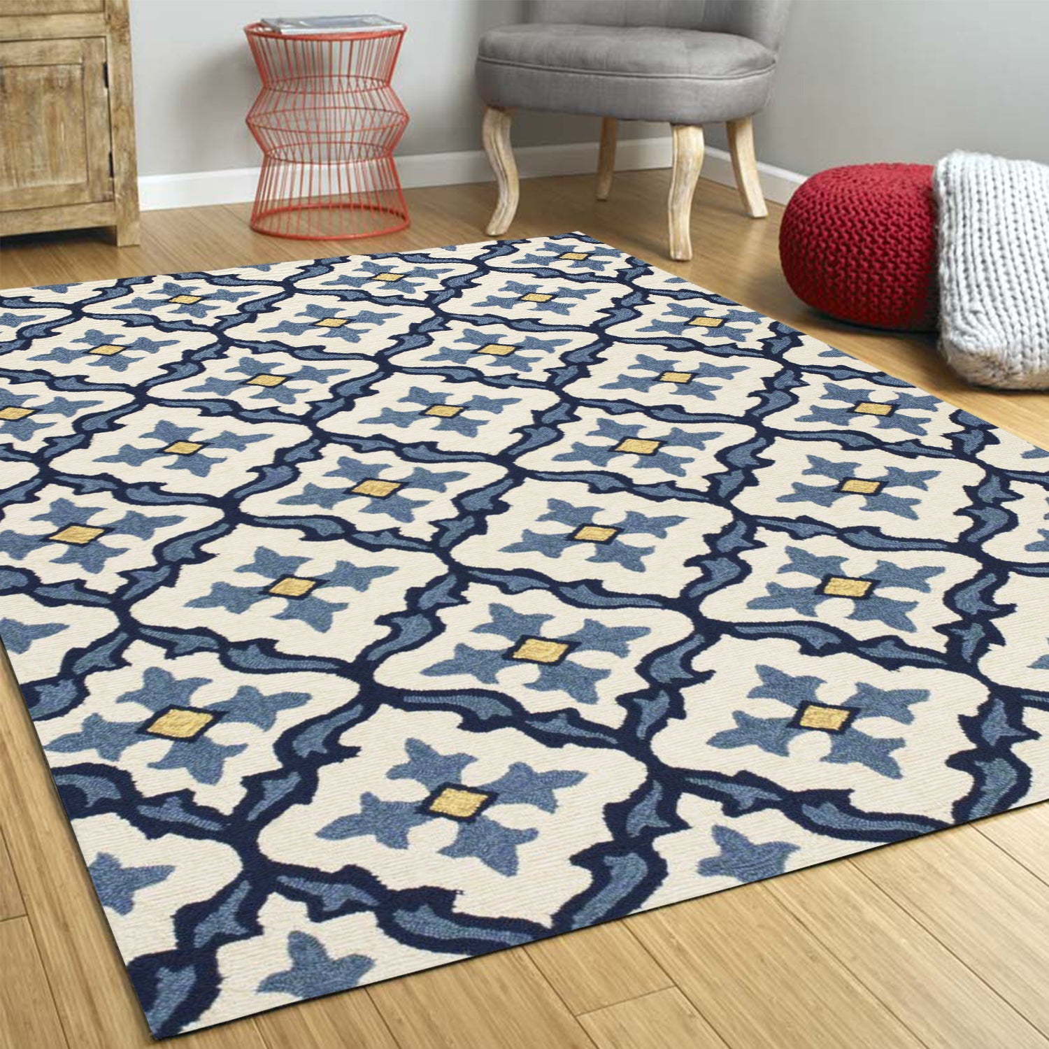7' Round UV treated Polypropylene Ivory or Blue Area Rug