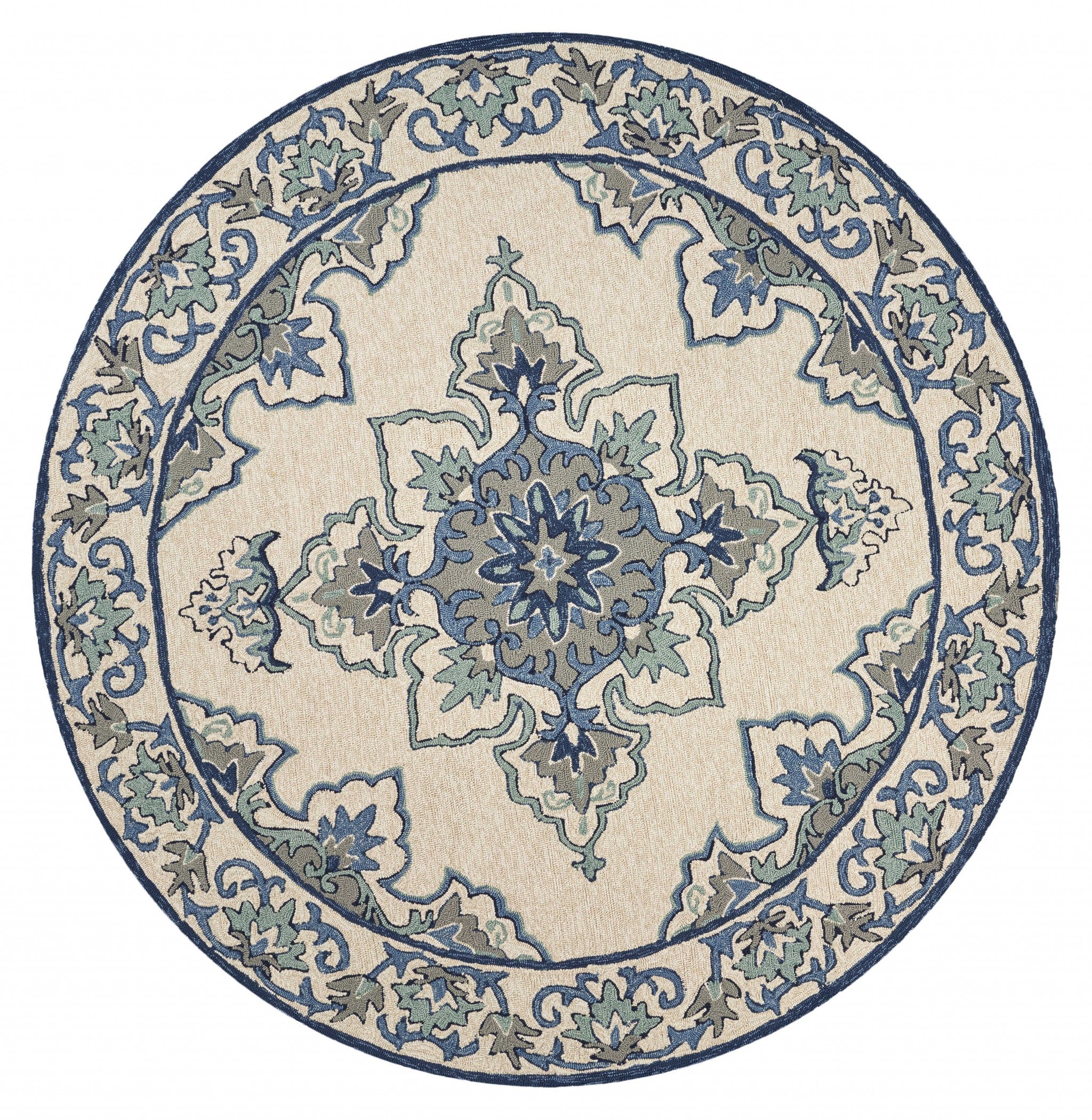 7' Round UV treated Polypropylene Ivory or Blue Area Rug