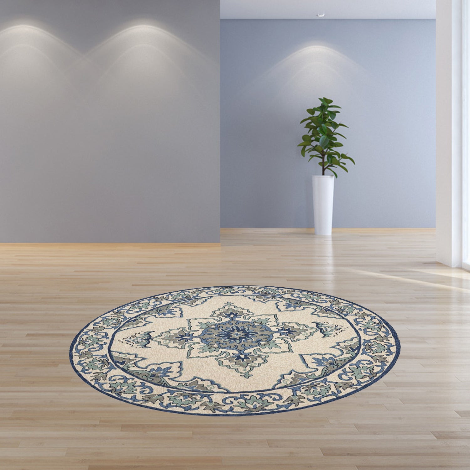 7' Round UV treated Polypropylene Ivory or Blue Area Rug