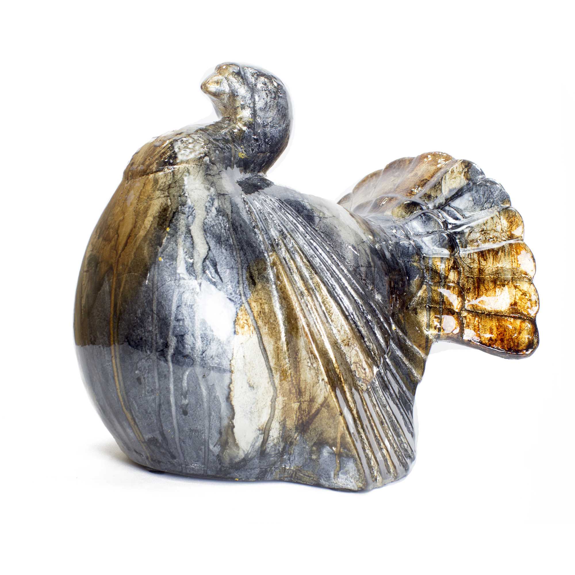 11" X 11.75" X 10.25" Silver Bronze Gold Ceramic Foiled and Lacquered Turkey Figurine