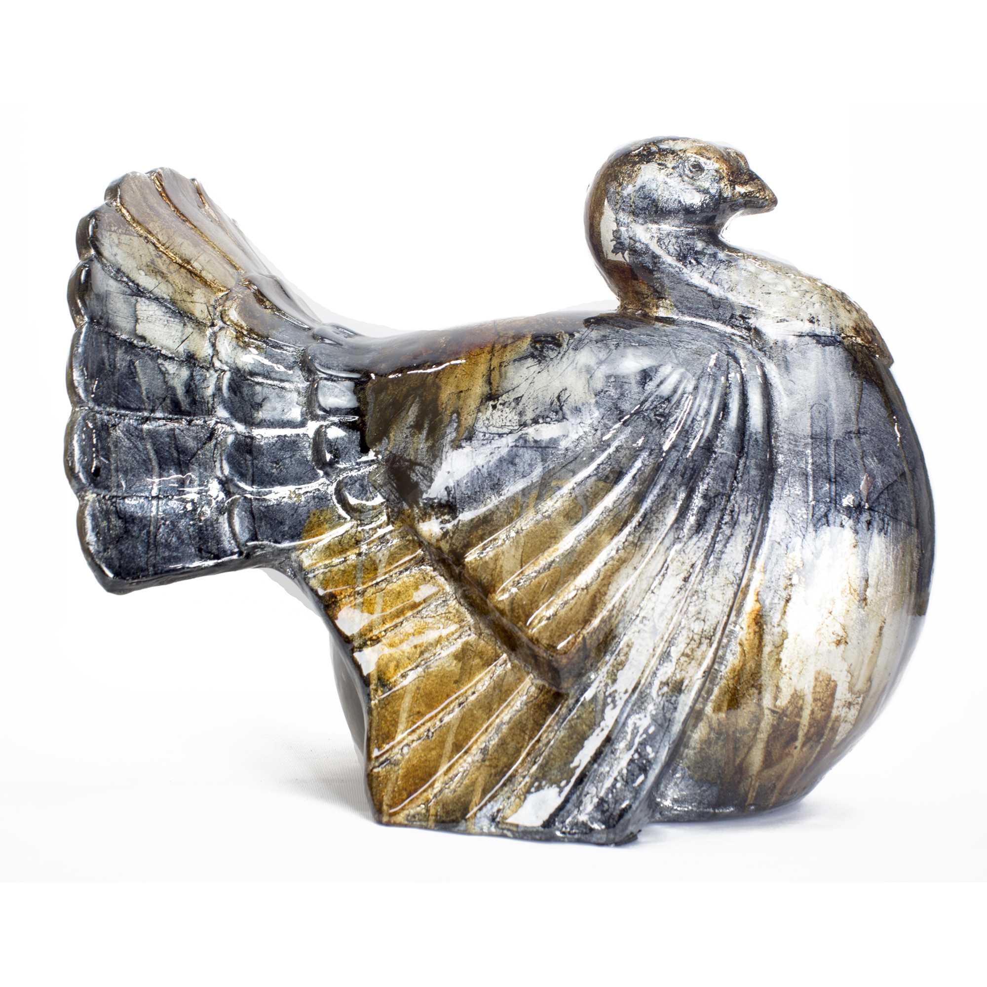 11" X 11.75" X 10.25" Silver Bronze Gold Ceramic Foiled and Lacquered Turkey Figurine