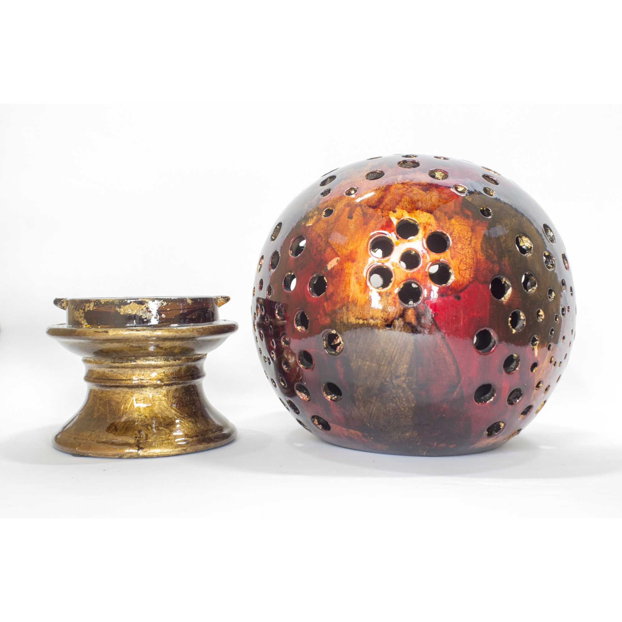 8.75" X 8.75" X 12" Copper Red Gold Ceramic Foiled and Lacquered Globe Candleholder