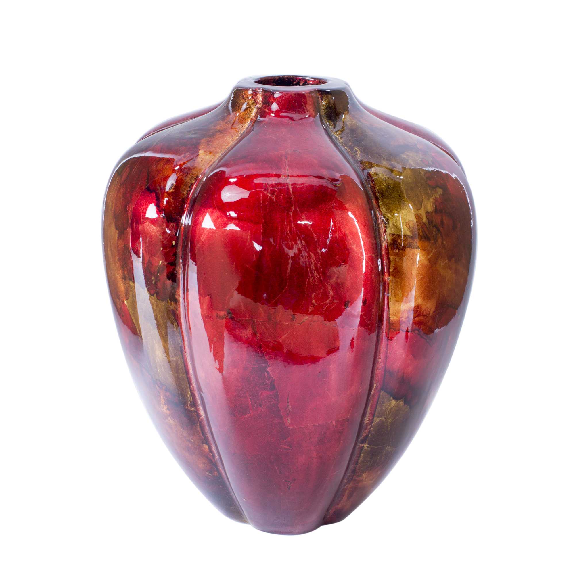 9.75" X 9.75" X 11.75" Copper Red Gold Ceramic Foiled and Lacquered Sculpted Gourd Vase