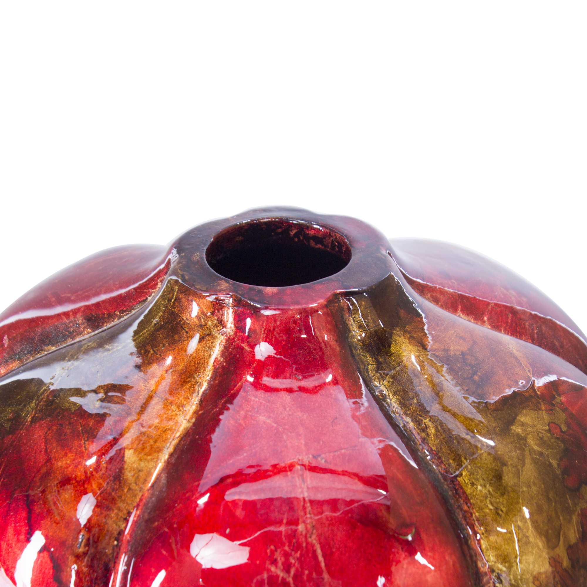 9.75" X 9.75" X 11.75" Copper Red Gold Ceramic Foiled and Lacquered Sculpted Gourd Vase