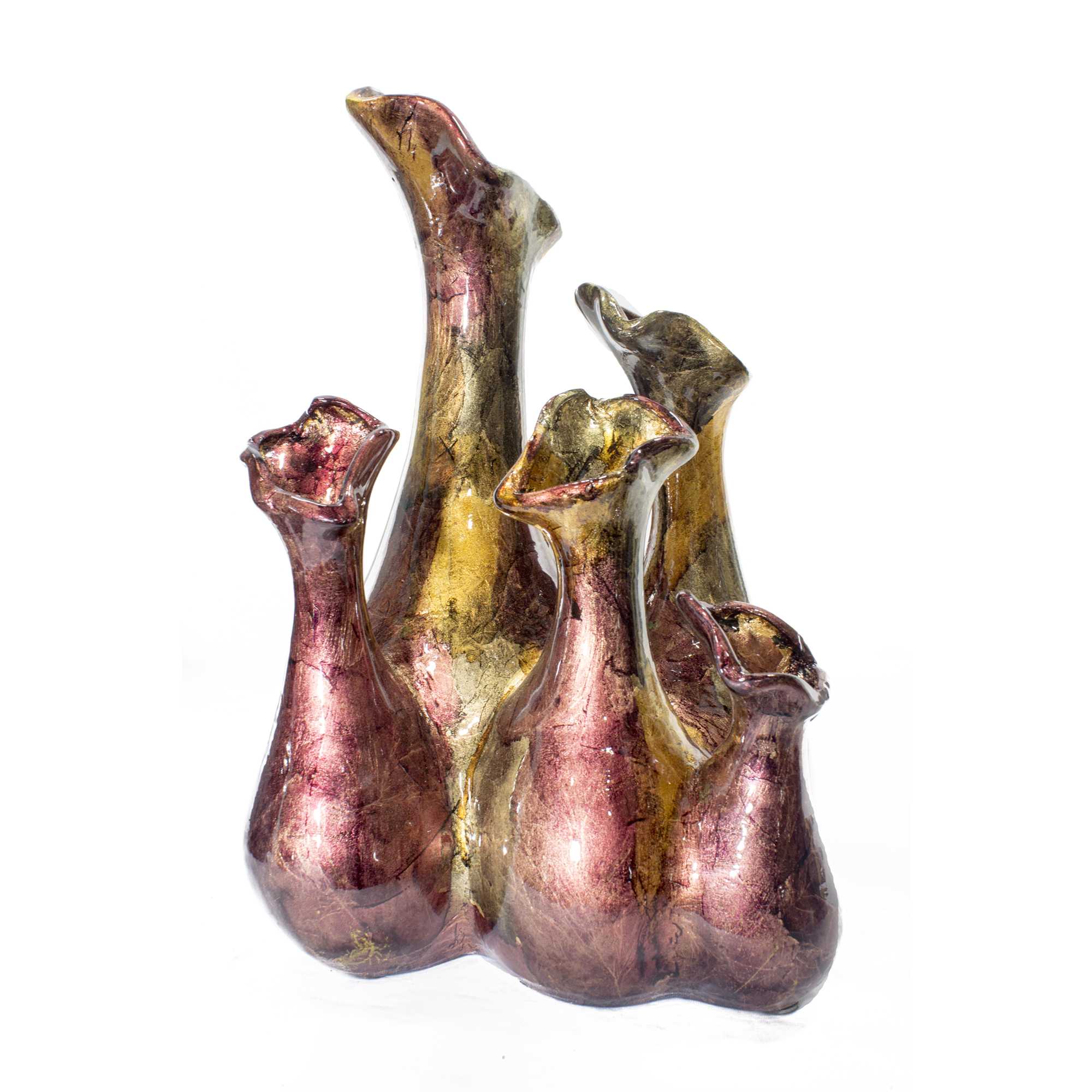 Fila Burgundy Amber Brown Foil and Lacquer 5 Bud Ceramic Vase