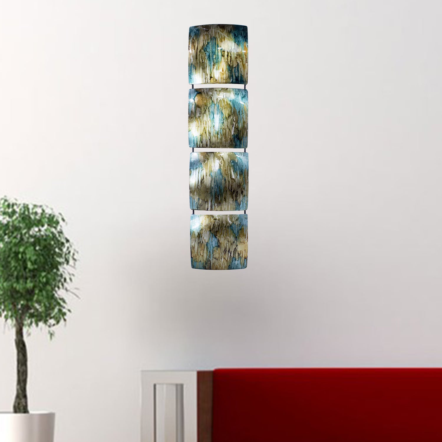 8" X 2.75" X 32" Turquoise Copper and Bronze Metal Vertical Panel Wall Decor