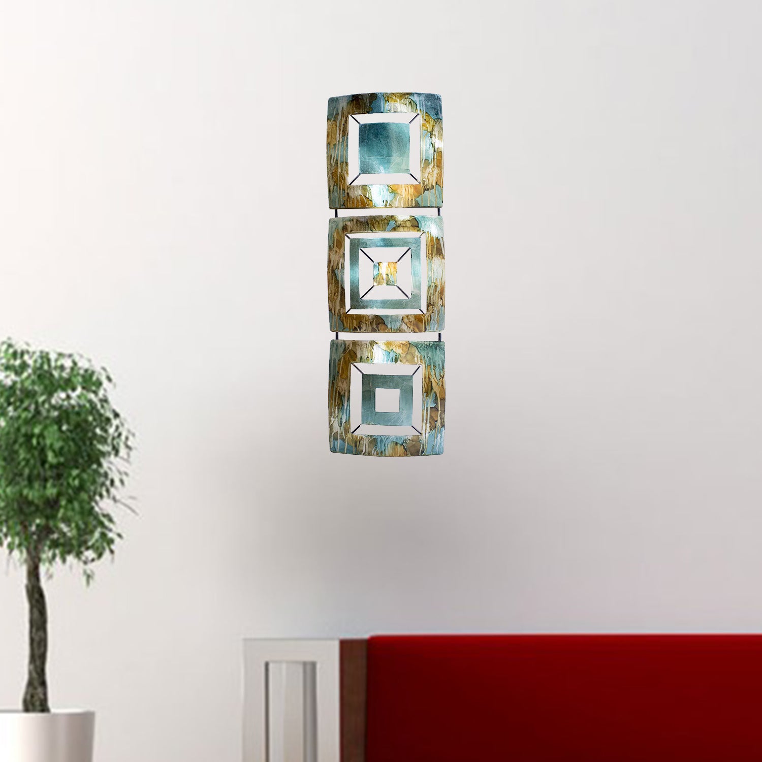 8" X 2.75" X 25" Turquoise Copper and Bronze Metal Vertical Panel Wall Decor