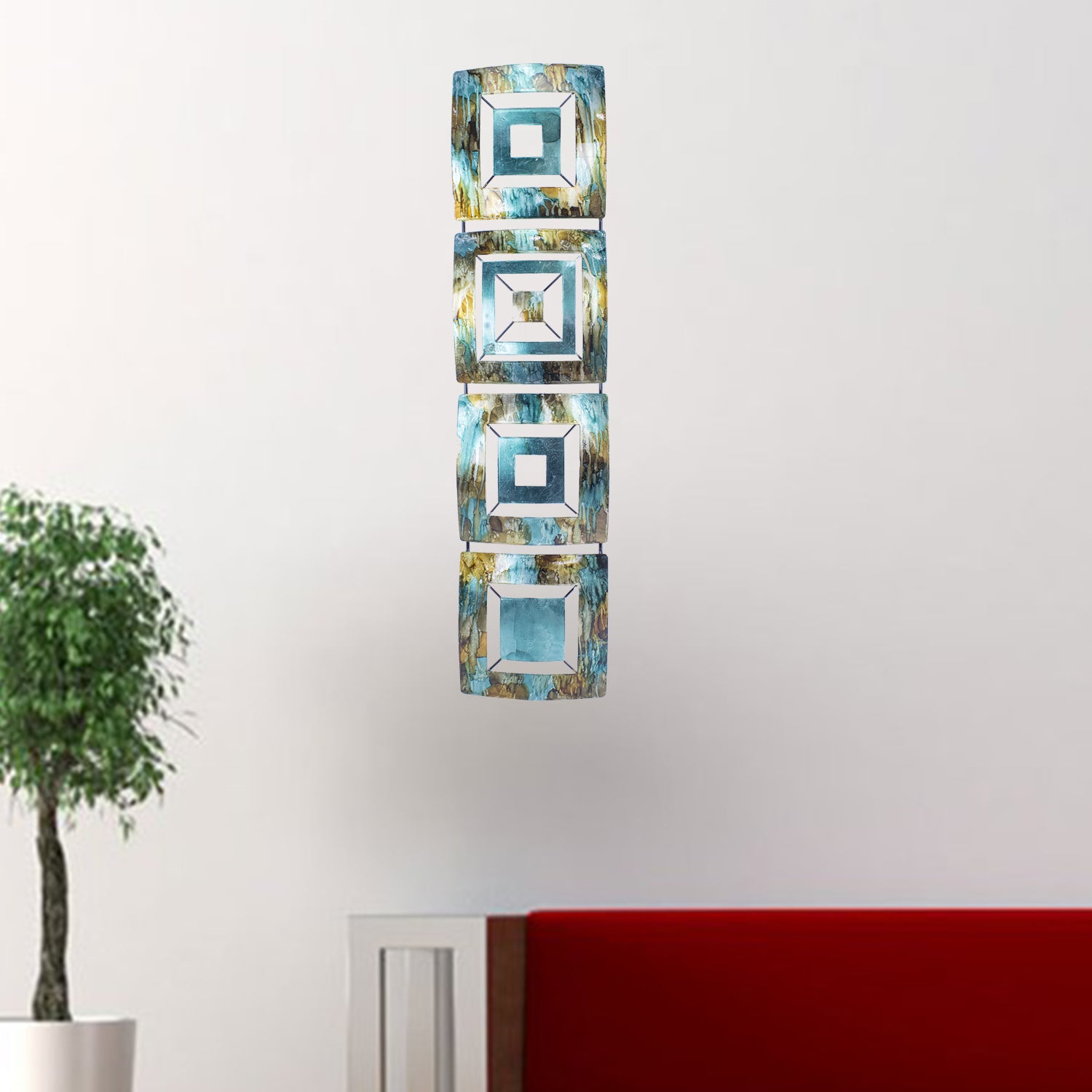 8" X 2.75" X 32.5" Turquoise Copper and Bronze Metal Vertical Panel Wall Decor