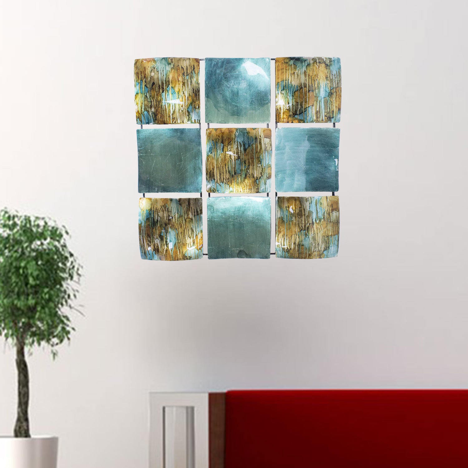 24.5" X 2.5" X 24.5" Turquoise Copper and Bronze Metal Panel Square Wall Decor