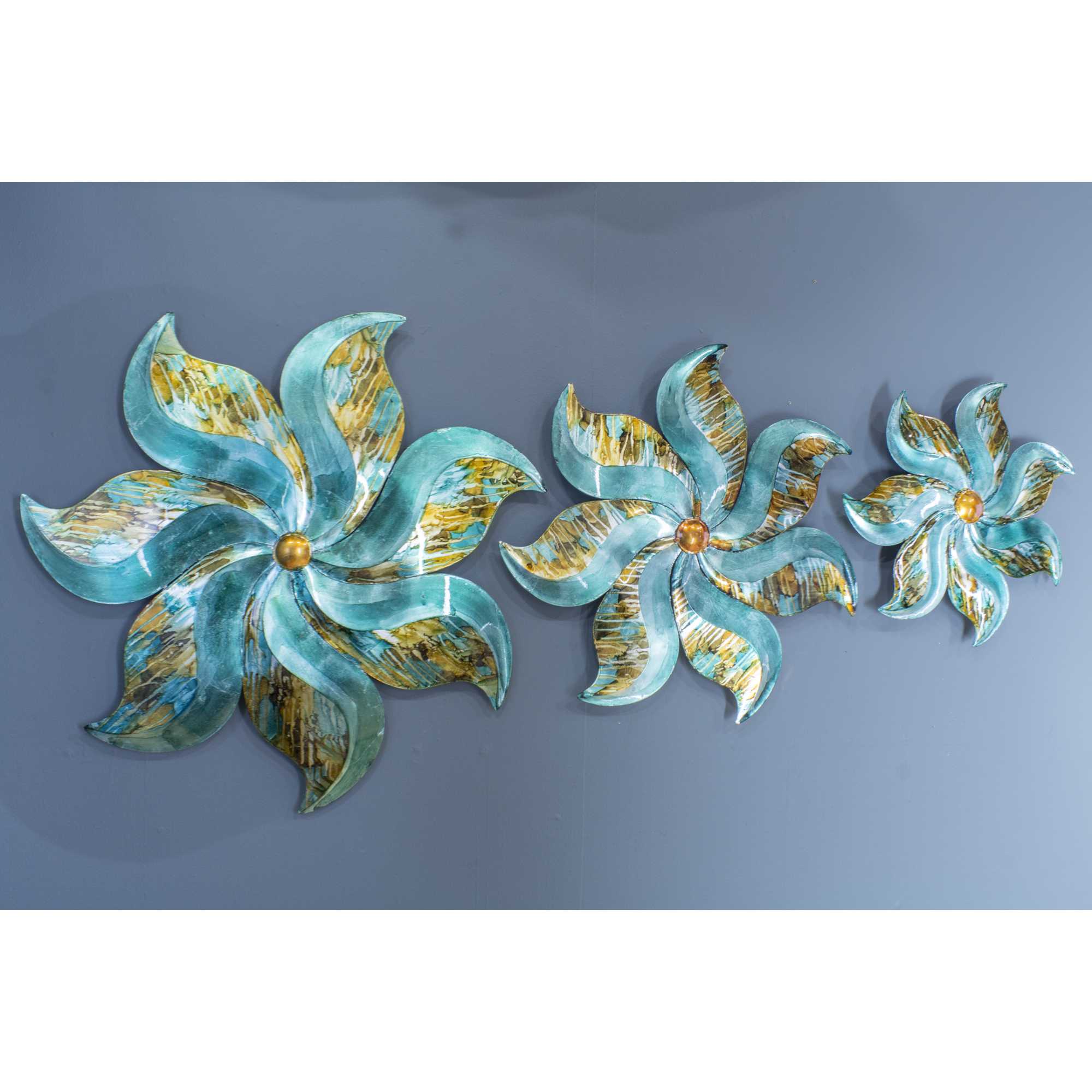 23.25" X 2" X 23.25" Turquoise Copper and Bronze Metal Medium Flower Wall Decor