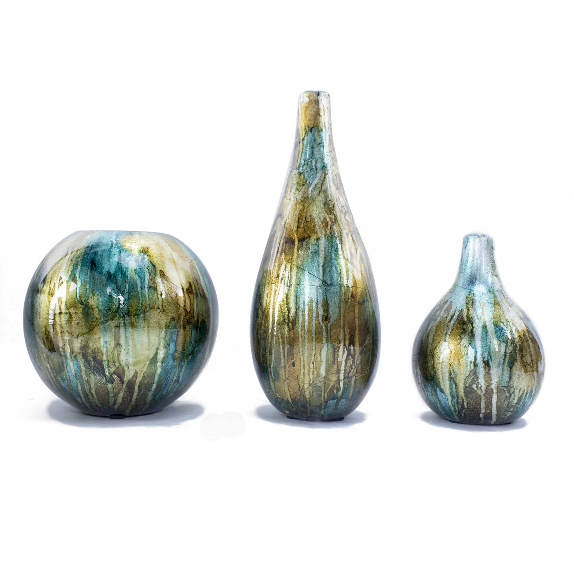 9" X 9" X 13" Turquoise  Copper and Bronze Ceramic Vase Set