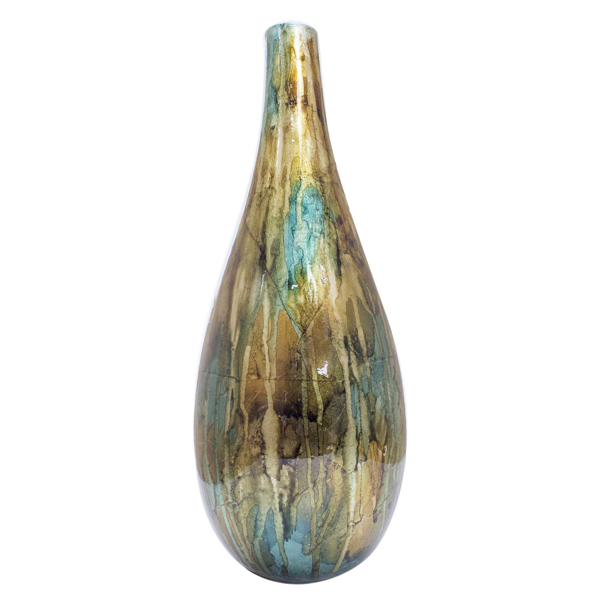 9" X 9" X 13" Turquoise  Copper and Bronze Ceramic Vase Set