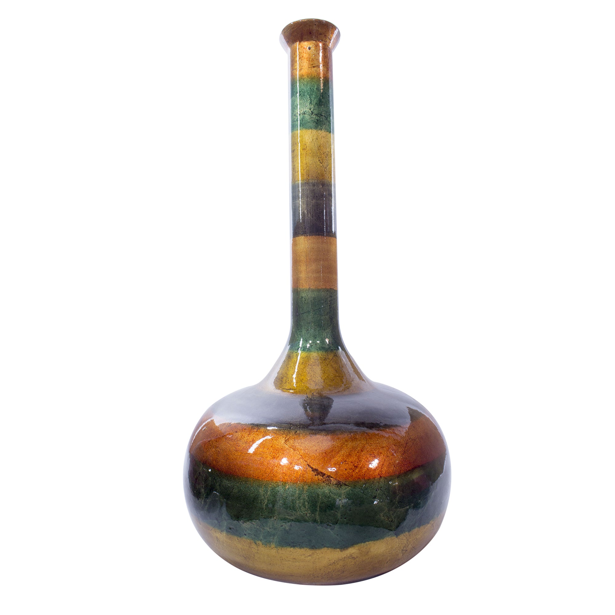 8.25" X 8.25" X 16.5" Orange Green Amber Brown Ceramic Lacquered Striped Tubed Bud Vase