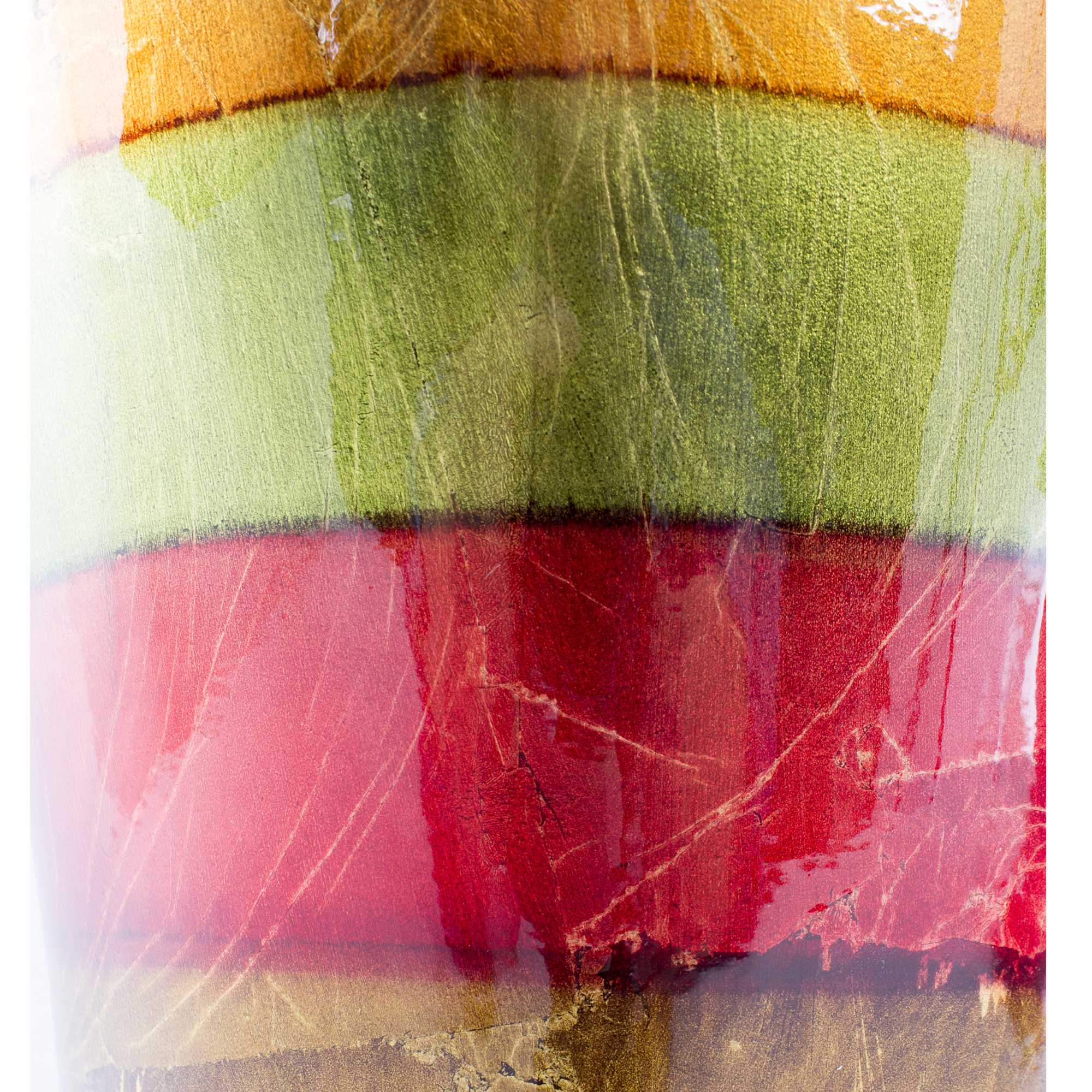 8.75" X 8.75" X 21.25" Green Red Brown Copper Ceramic Striped and Lacquered Vase