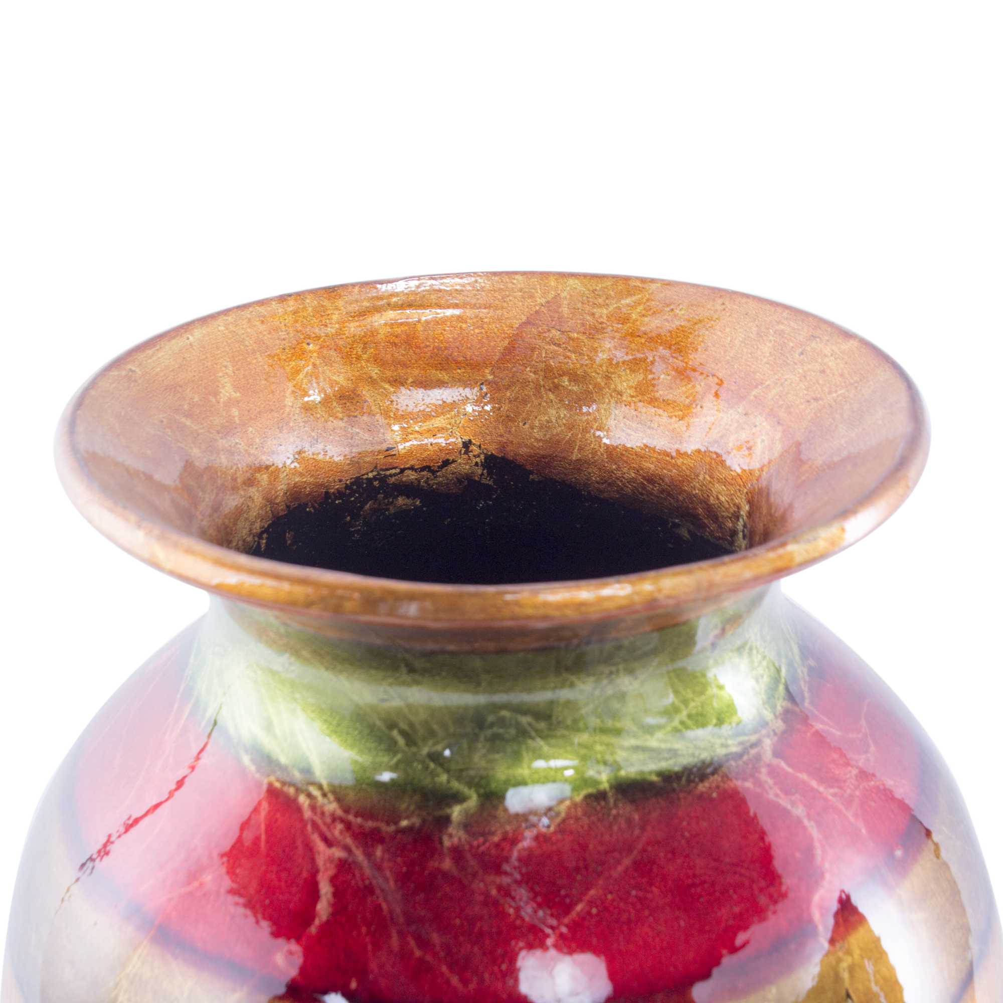 8.75" X 8.75" X 21.25" Green Red Brown Copper Ceramic Striped and Lacquered Vase