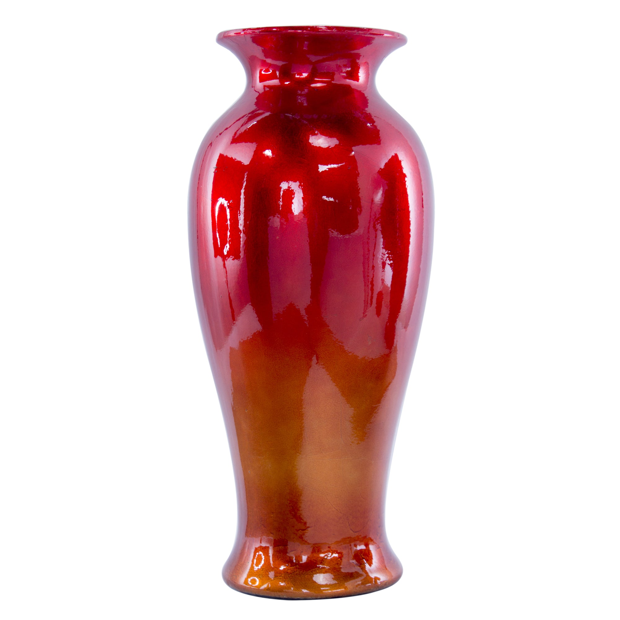 8.75" X 8.75" X 21.25" Red and Orange Ceramic Ombre Lacquered Ceramic Vase